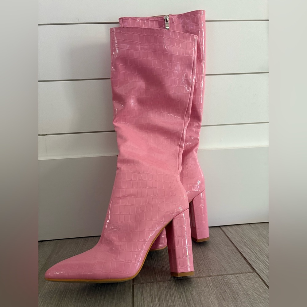 Pink Croc-Embossed Knee-High Boots Side Zipper